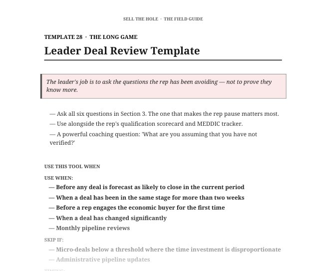 Excerpt from the actual Field Guide: Leader Deal Review Template